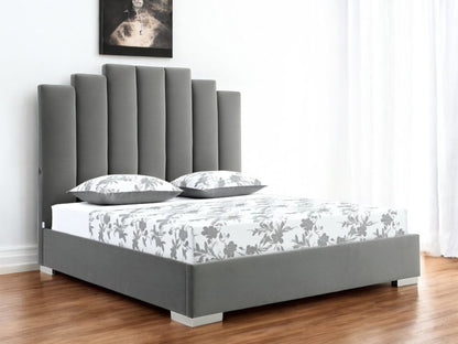 Queen Grey Upholstered Vertical Channel Velvet Bed with USB HomeRoots