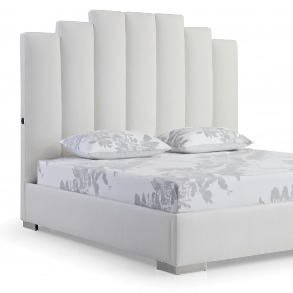 White Wood And Faux Leather Queen Bed Frame with USB HomeRoots