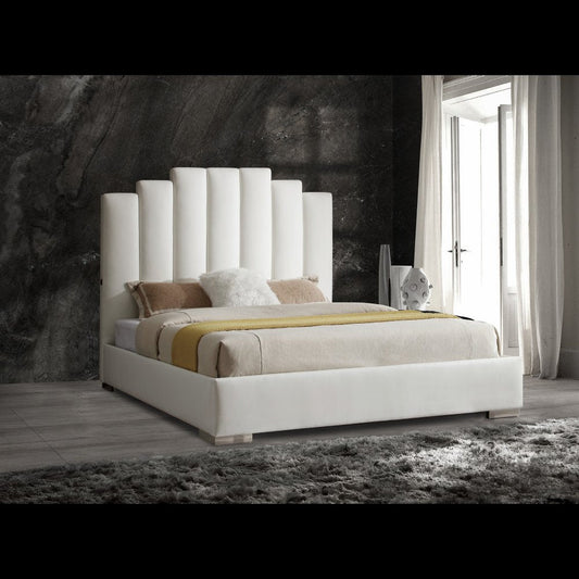 White Wood And Faux Leather Queen Bed Frame with USB HomeRoots