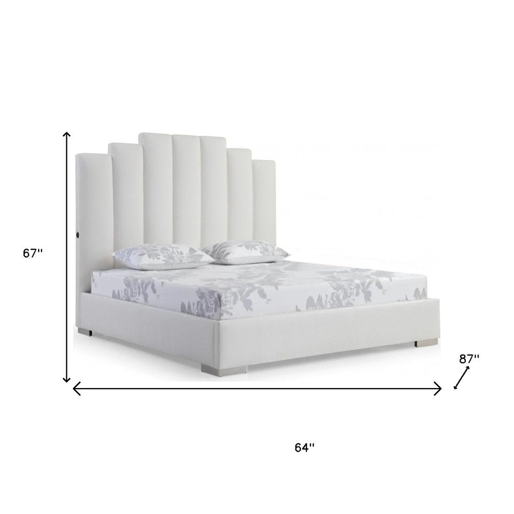 White Wood And Faux Leather Queen Bed Frame with USB HomeRoots
