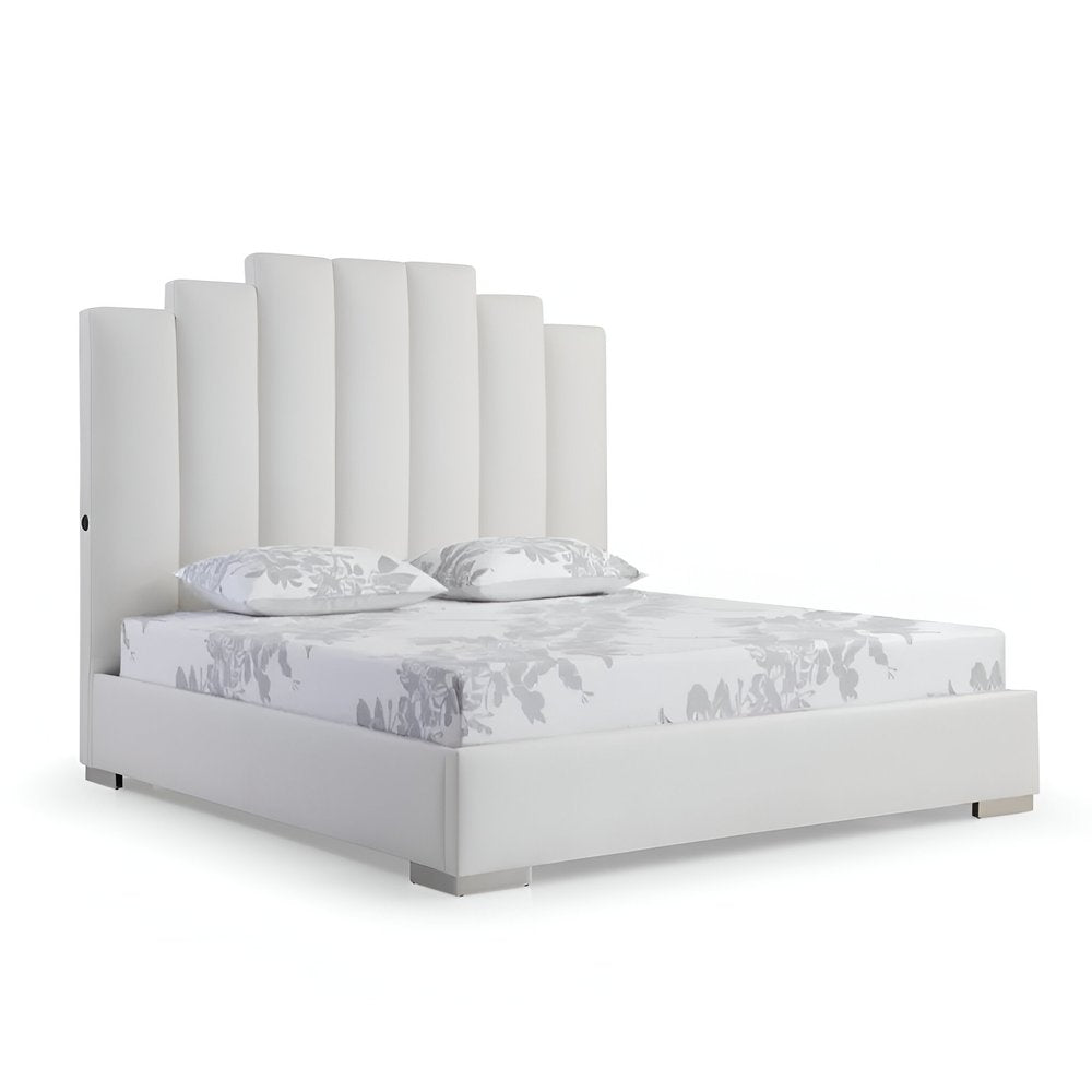 White Wood And Faux Leather Queen Bed Frame with USB HomeRoots