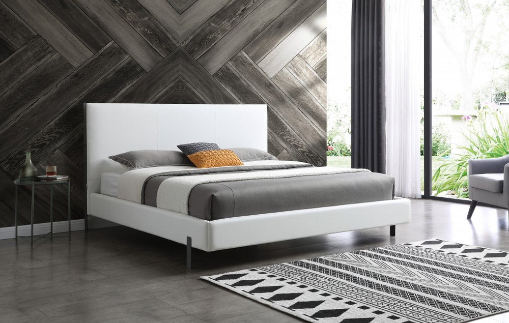 White Wood And Faux Leather King Bed Frame With USB HomeRoots