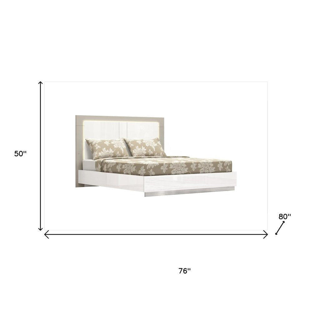 King White High Gloss Bed Frame with LED Headboard HomeRoots