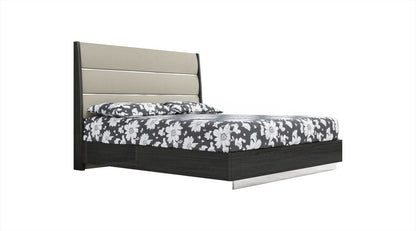 King Dark Grey High Gloss Bed Frame with Faux Leather Headboard HomeRoots