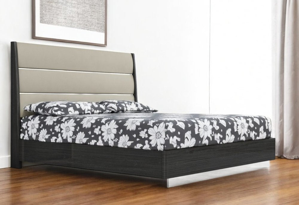 King Dark Grey High Gloss Bed Frame with Faux Leather Headboard HomeRoots