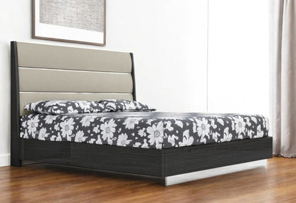 King Dark Grey High Gloss Bed Frame with Faux Leather Headboard HomeRoots