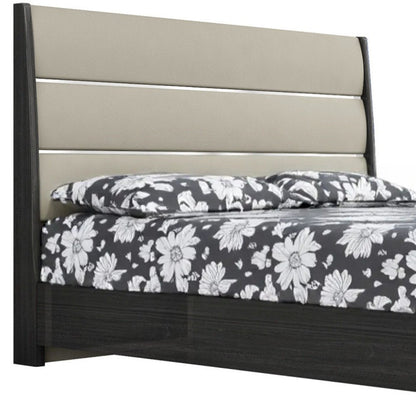 King Dark Grey High Gloss Bed Frame with Faux Leather Headboard HomeRoots
