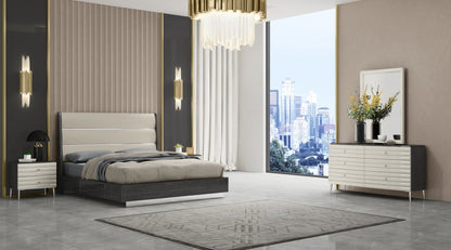 King Dark Grey High Gloss Bed Frame with Faux Leather Headboard HomeRoots