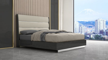 King Dark Grey High Gloss Bed Frame with Faux Leather Headboard HomeRoots