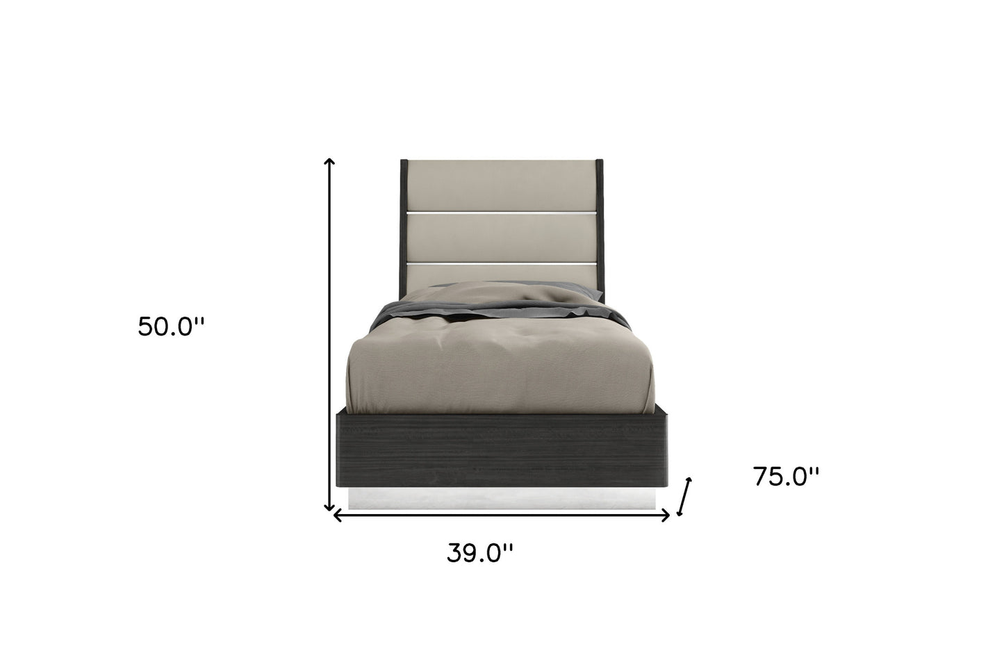 Twin Dark Grey High Gloss Bed Frame with Faux Leather Headboard