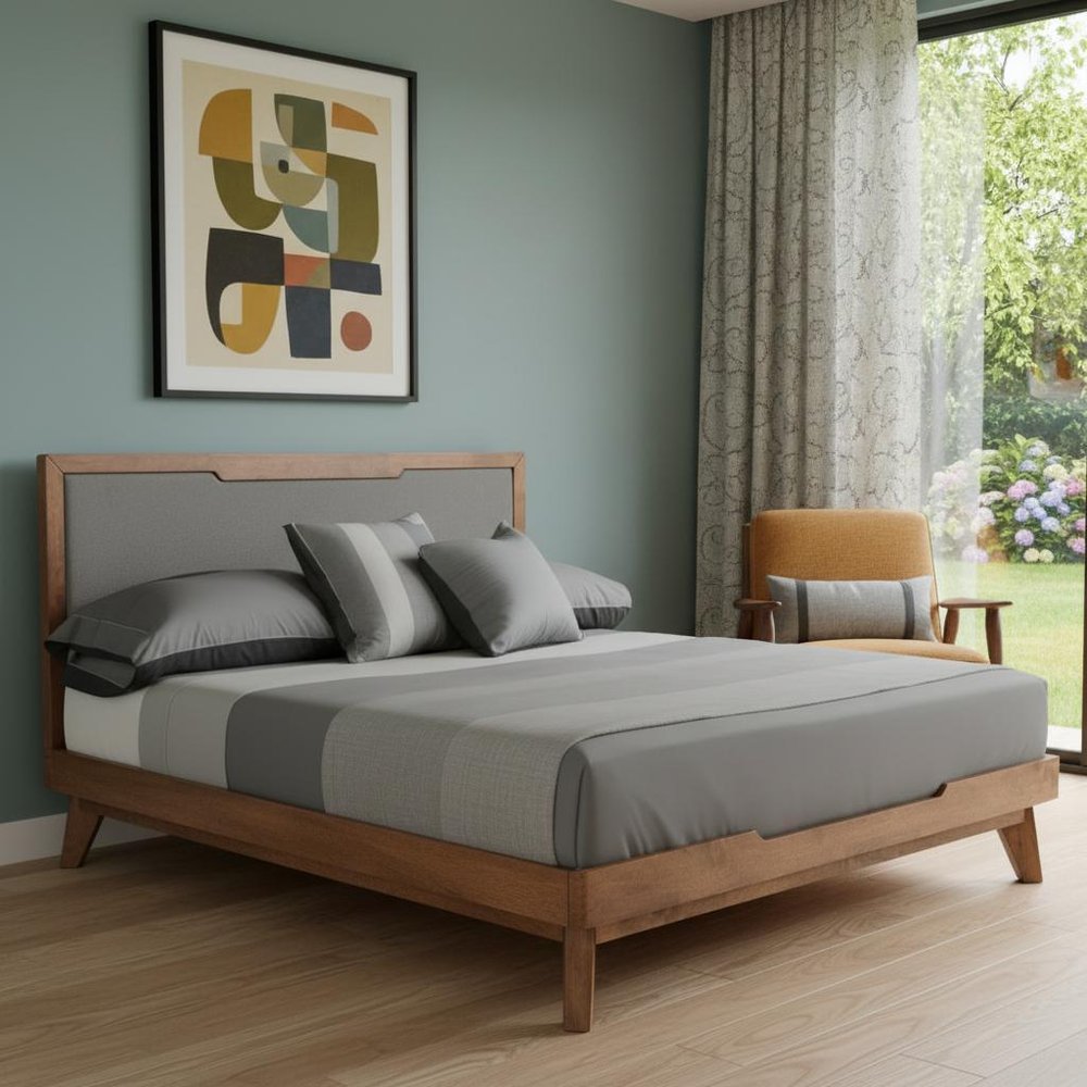 Gray and Brown Wood And Linen Queen Bed Frame — view 6
