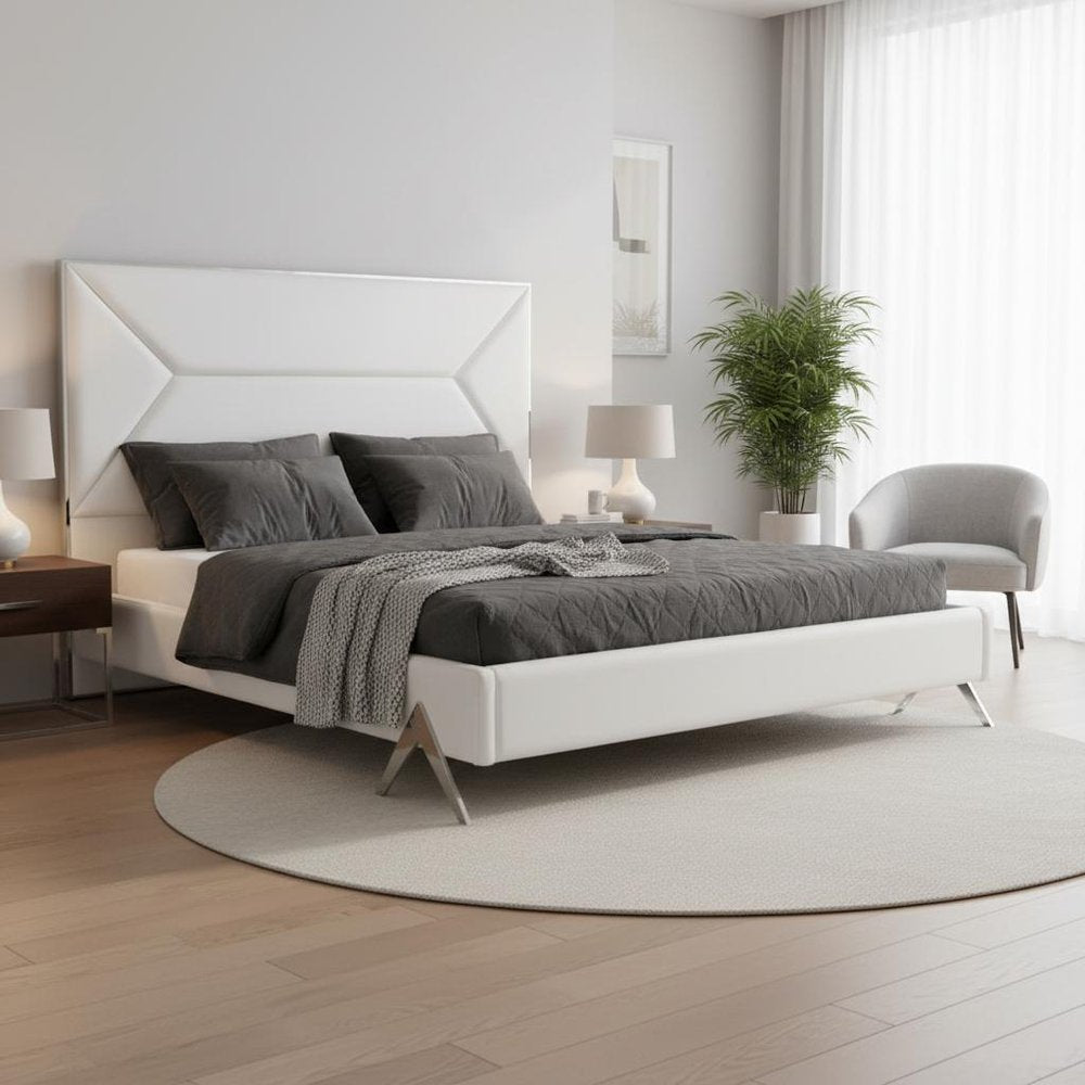 White Tufted Faux Leather Upholstered Queen Bed Frame — view 7