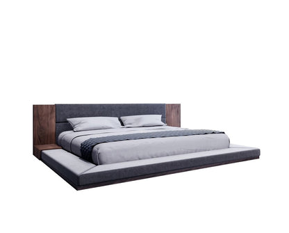 Gray and Walnut Wood And Upholstery Queen Bed Frame With Attached Nightstands HomeRoots