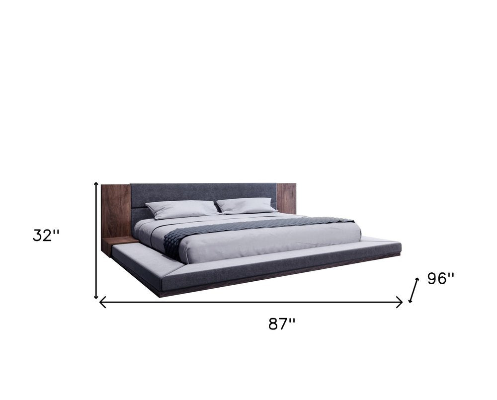 Gray and Walnut Wood And Upholstery Queen Bed Frame With Attached Nightstands HomeRoots