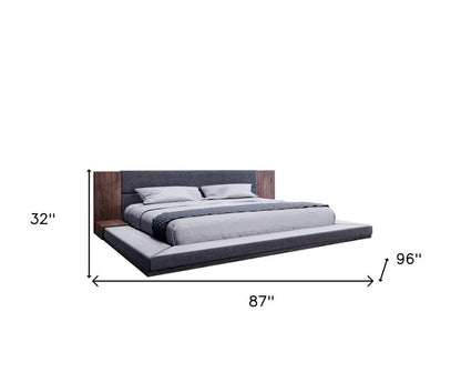 Gray and Walnut Wood And Upholstery Queen Bed Frame With Attached Nightstands HomeRoots