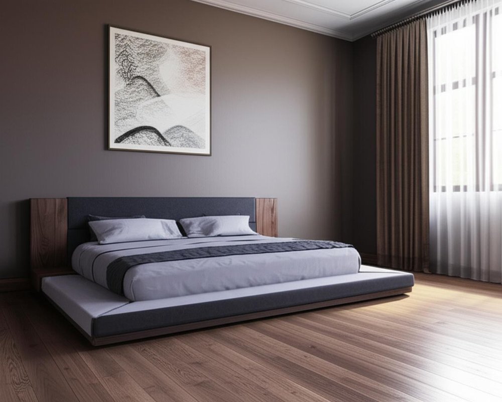 Gray and Walnut Wood And Upholstery Queen Bed Frame With Attached Nightstands HomeRoots