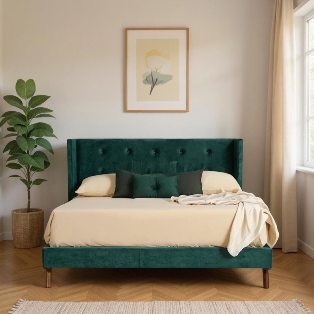 Green Wood And Tufted Velvet Queen Bed Frame HomeRoots