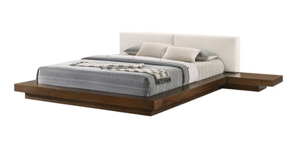 Walnut and White Wood And Faux Leather Queen Bed Frame With Attached Nightstands HomeRoots