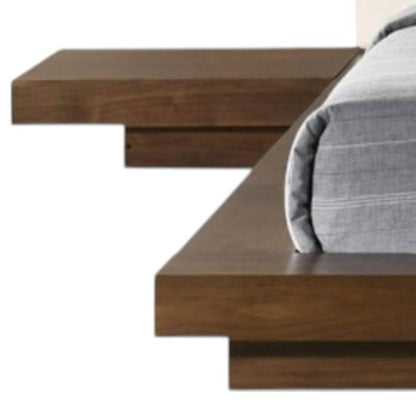 Walnut and White Wood And Faux Leather Queen Bed Frame With Attached Nightstands HomeRoots