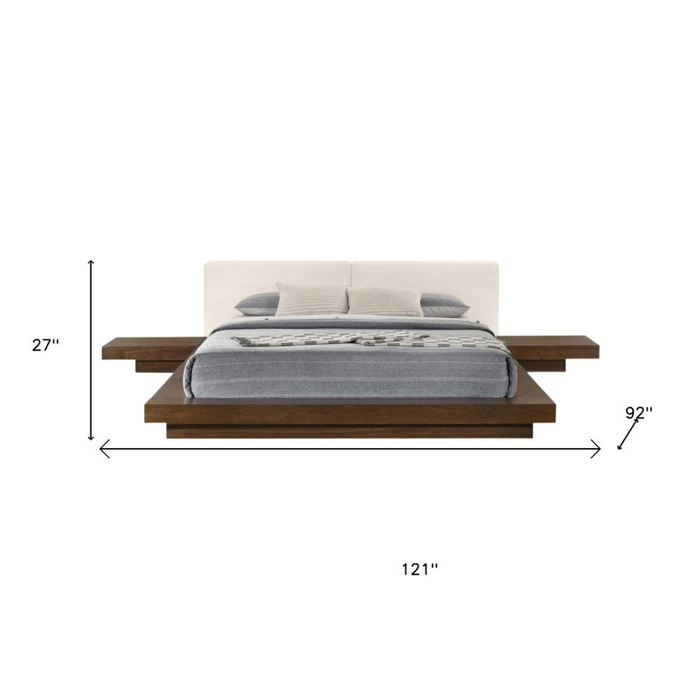 Walnut and White Wood And Faux Leather Queen Bed Frame With Attached Nightstands HomeRoots