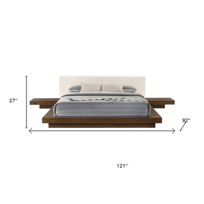 Walnut and White Wood And Faux Leather Queen Bed Frame With Attached Nightstands HomeRoots