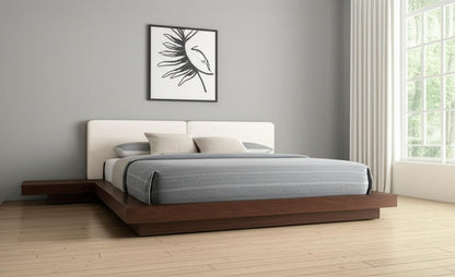 Walnut and White Wood And Faux Leather Queen Bed Frame With Attached Nightstands HomeRoots