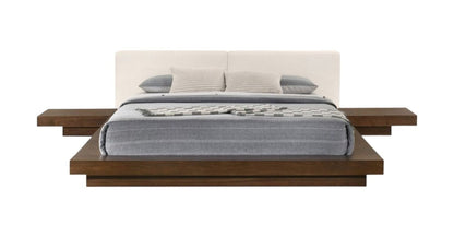 Walnut and White Wood And Faux Leather Queen Bed Frame With Attached Nightstands HomeRoots