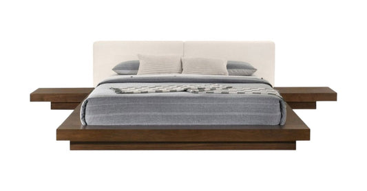 Walnut and White Wood And Faux Leather Queen Bed Frame With Attached Nightstands HomeRoots