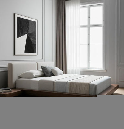Gray and Walnut Wood And Faux Leather Queen Bed Frame With Attached Nightstands HomeRoots