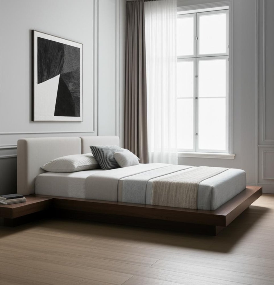 Gray and Walnut Wood And Faux Leather Queen Bed Frame With Attached Nightstands HomeRoots