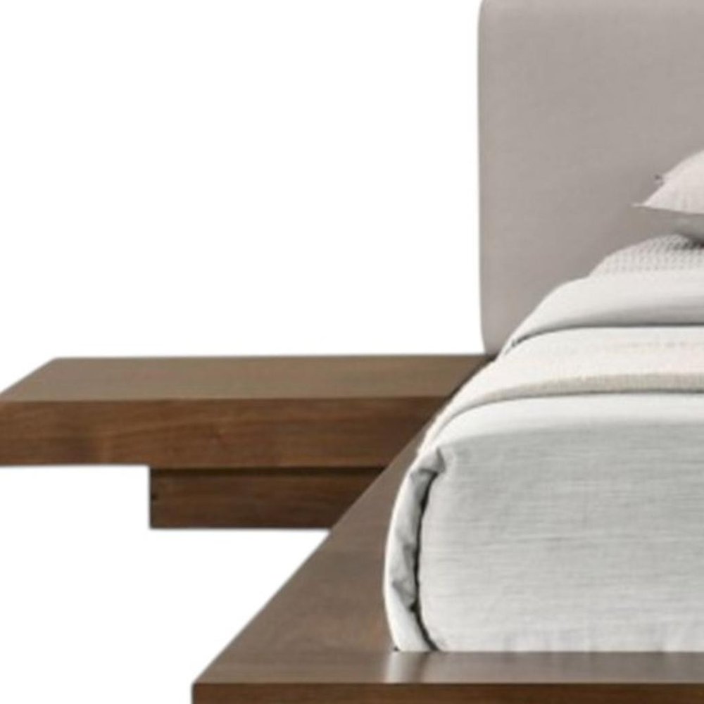 Gray and Walnut Wood And Faux Leather Queen Bed Frame With Attached Nightstands HomeRoots