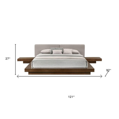 Gray and Walnut Wood And Faux Leather Queen Bed Frame With Attached Nightstands HomeRoots