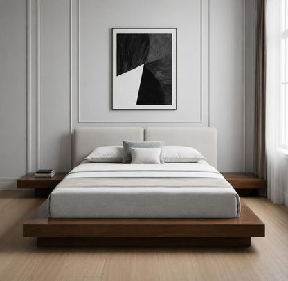 Gray and Walnut Wood And Faux Leather Queen Bed Frame With Attached Nightstands HomeRoots