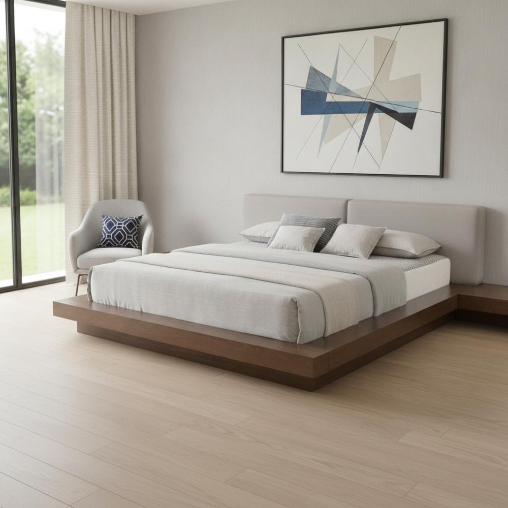 Gray and Walnut Wood And Faux Leather Queen Bed Frame With Attached Nightstands HomeRoots