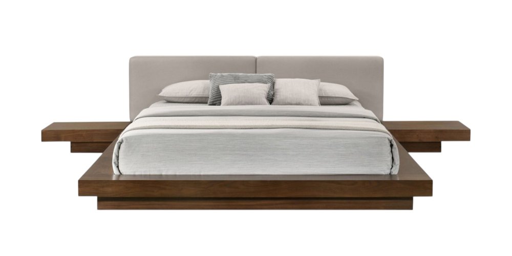 Gray and Walnut Wood And Faux Leather Queen Bed Frame With Attached Nightstands HomeRoots