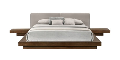 Gray and Walnut Wood And Faux Leather Queen Bed Frame With Attached Nightstands HomeRoots