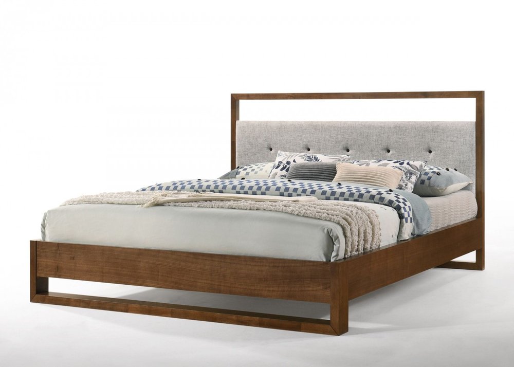 Brown and Gray Wood Tufted Upholstered Queen Bed Frame HomeRoots