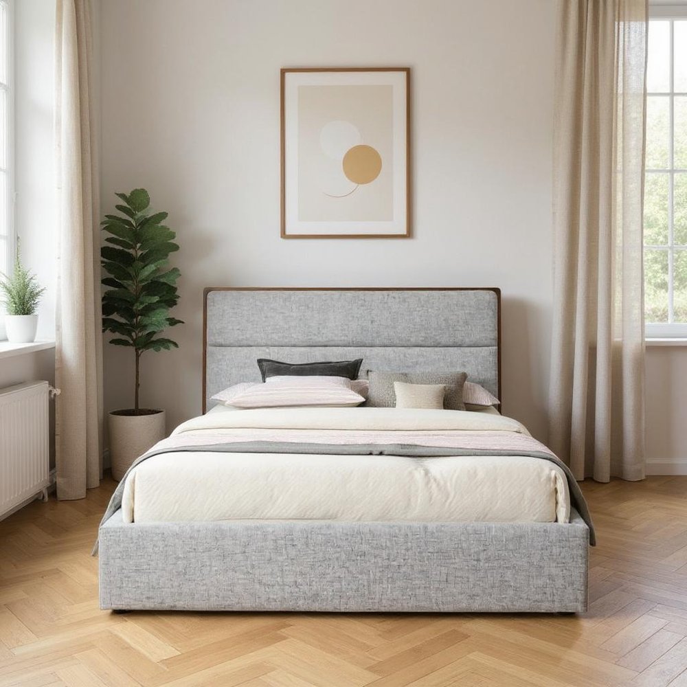 Brown and Gray Wood Upholstered King Bed Frame HomeRoots