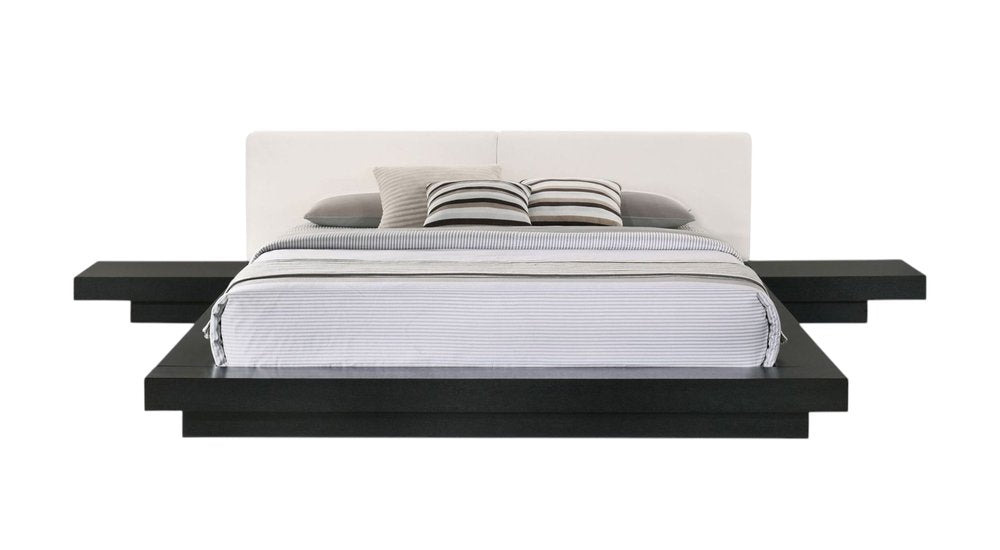 Black and White Wood And Faux Leather King Bed Frame With Attached Nightstands HomeRoots