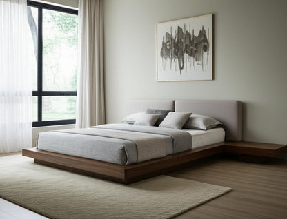 Gray and Walnut Wood And Faux Leather King Bed Frame With Attached Nightstands HomeRoots