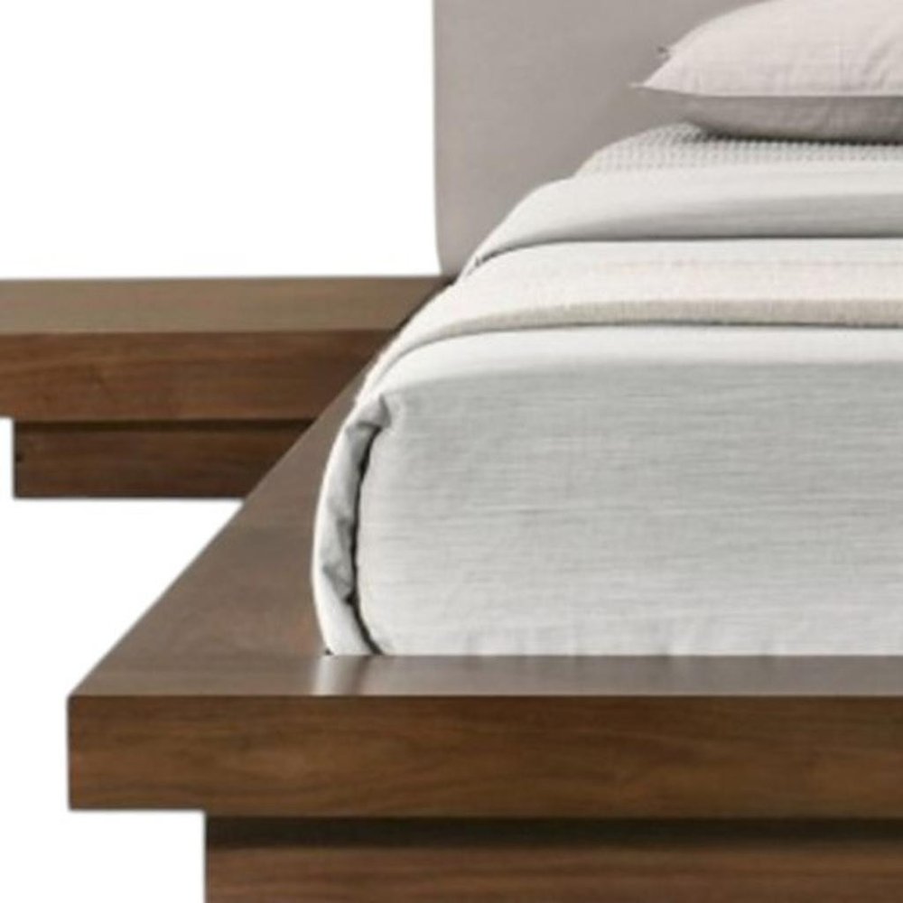 Gray and Walnut Wood And Faux Leather King Bed Frame With Attached Nightstands HomeRoots