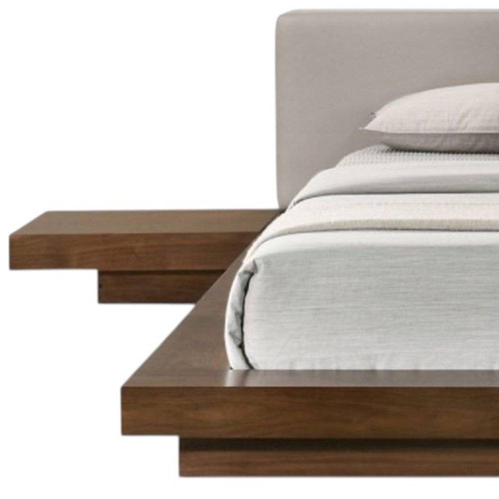 Gray and Walnut Wood And Faux Leather King Bed Frame With Attached Nightstands HomeRoots