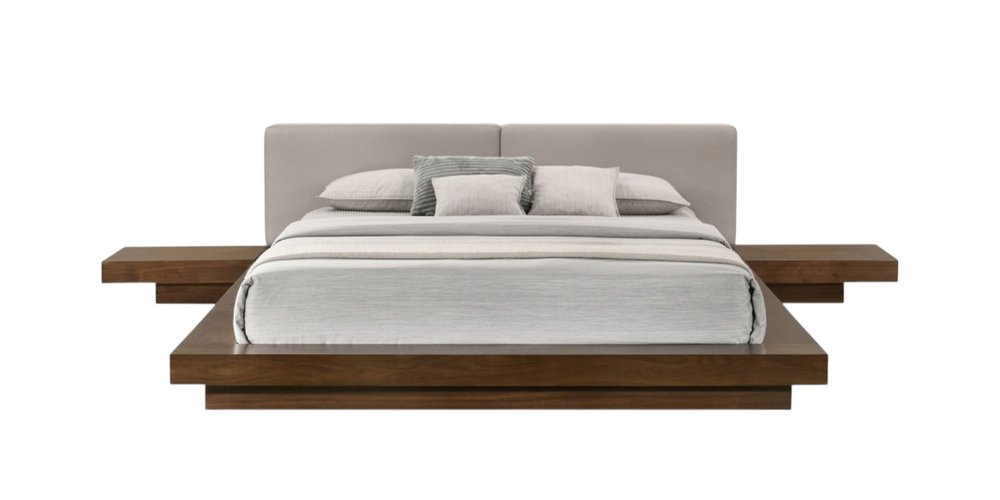Gray and Walnut Wood And Faux Leather King Bed Frame With Attached Nightstands HomeRoots
