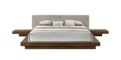 Gray and Walnut Wood And Faux Leather King Bed Frame With Attached Nightstands HomeRoots