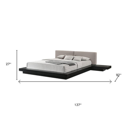 Black and Gray Wood And Faux Leather King Bed Frame With Attached Nightstands HomeRoots