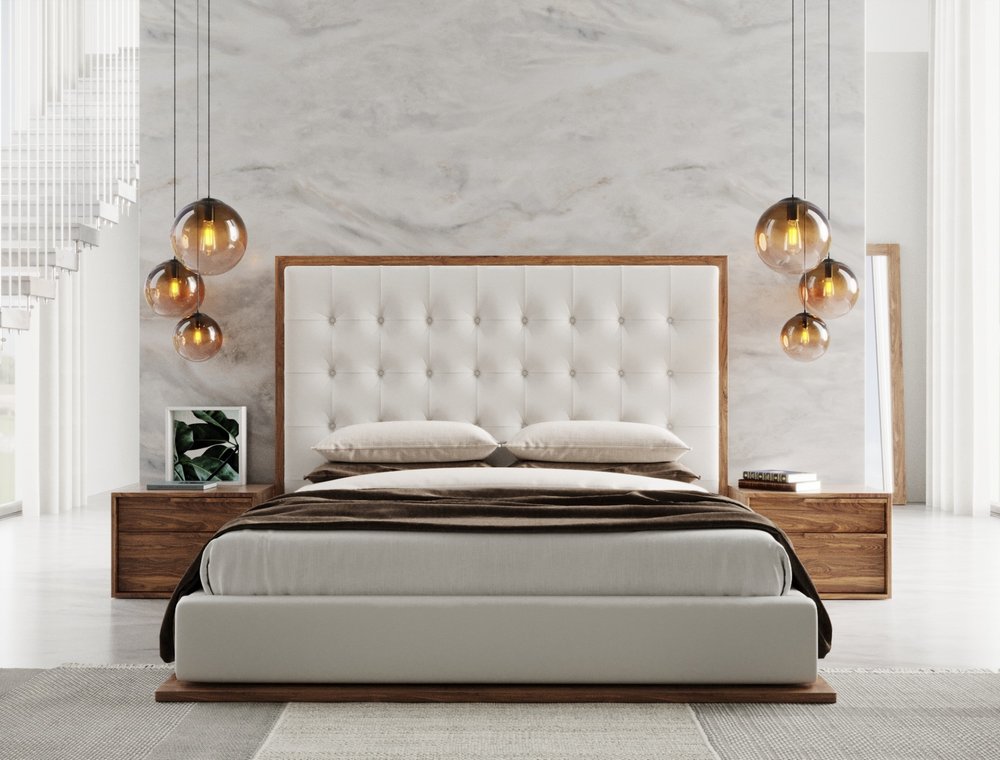 Brown and White Wood And Tufted Faux Leather Queen Bed Frame HomeRoots