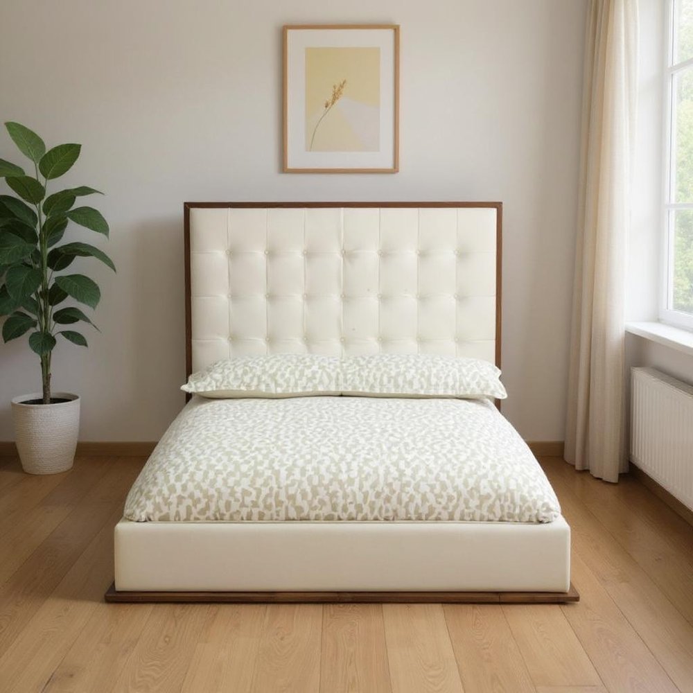 Brown and White Wood And Tufted Faux Leather Queen Bed Frame HomeRoots