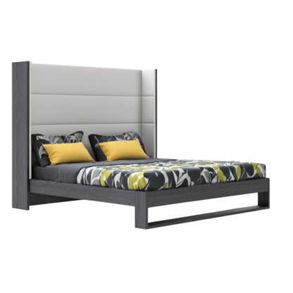 Gray and White Wood And Faux Leather King Bed Frame HomeRoots