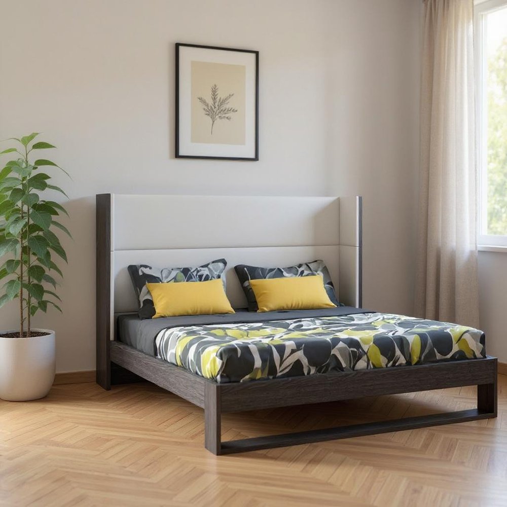 Gray and White Wood And Faux Leather King Bed Frame HomeRoots