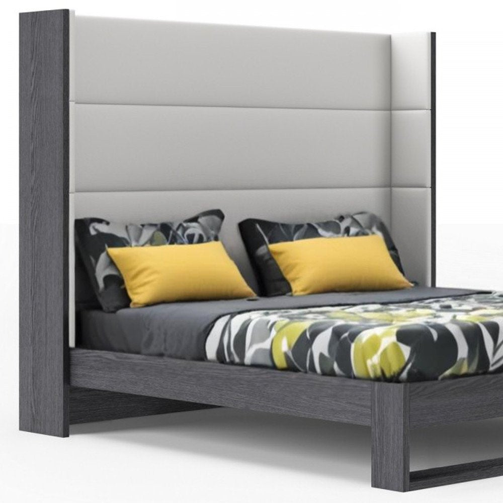 Gray and White Wood And Faux Leather King Bed Frame HomeRoots